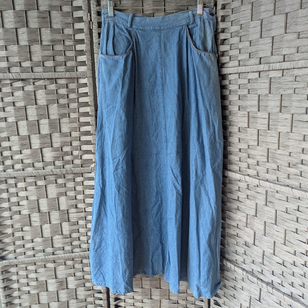 Vtg 90s Aline Full Maxi Skirt Light Wash Denim Genuine Suede Trim Sz 10 Western